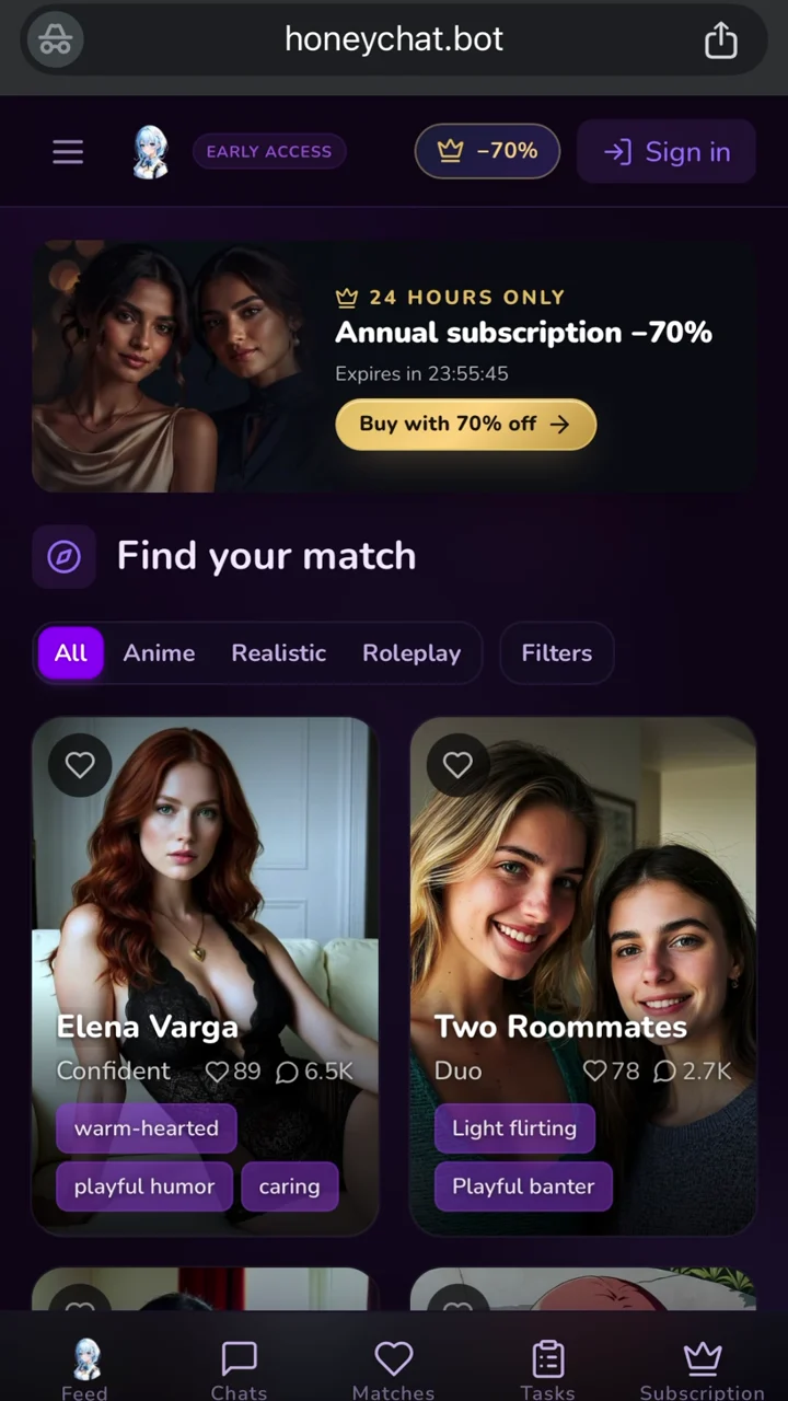 HoneyChat demo — opening the AI companion and starting a chat with no signup, no email, no card